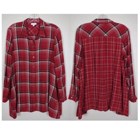 J. Jill‎ Women's size Small Petite Tunic Blouse Red Plaid Button-Down Rayon - Picture 13 of 13